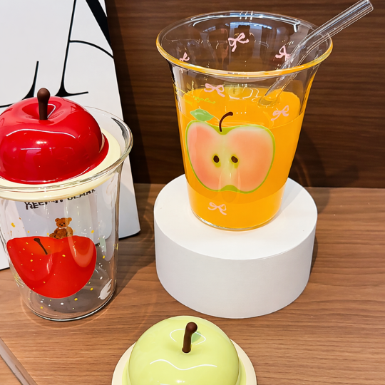 Apple Glass Cup with Lid and Straw