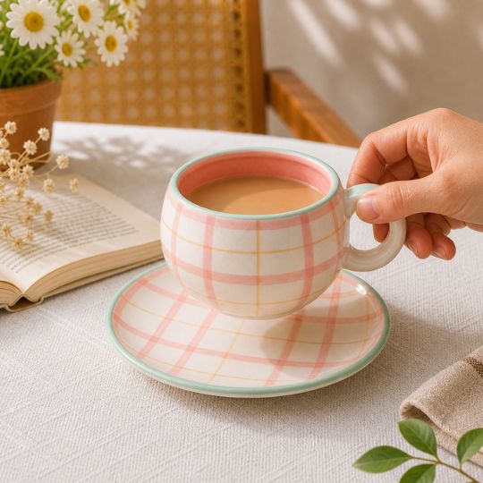 Plaid Ceramic Cup & Saucer