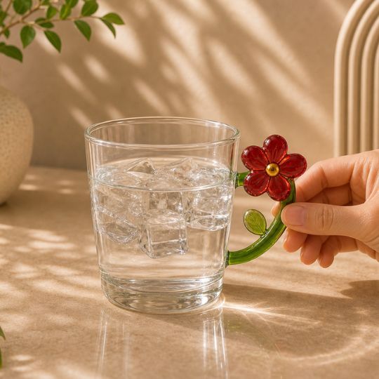 Red Flower Handle Glass Cup