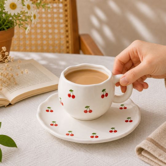 Cherry Ceramic Cup & Saucer