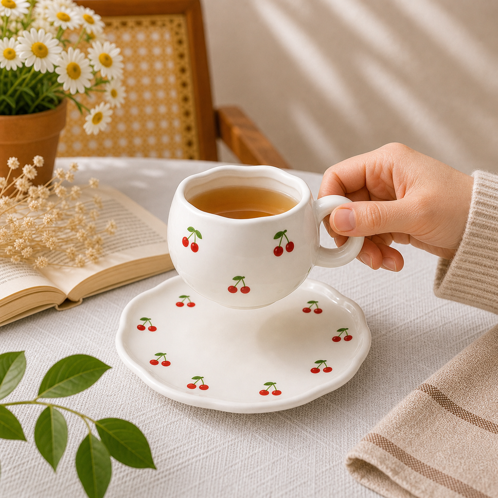 Cherry Ceramic Cup & Saucer