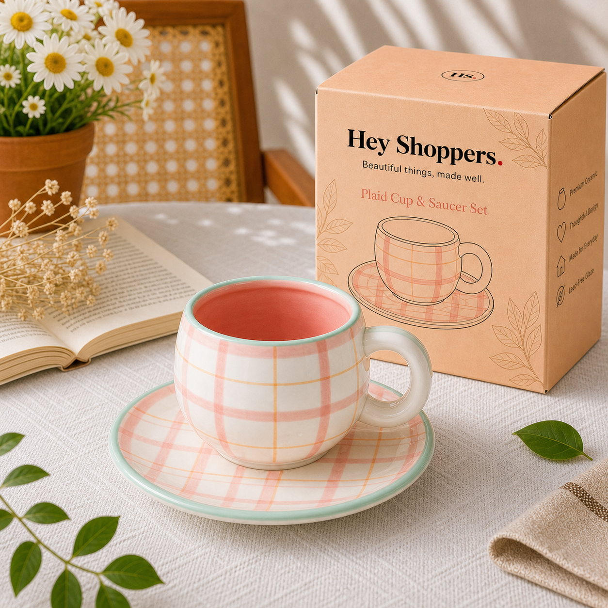 Plaid Ceramic Cup & Saucer