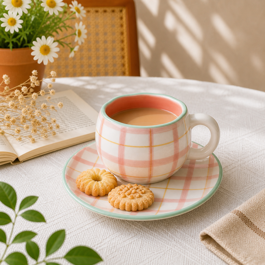 Plaid Ceramic Cup & Saucer
