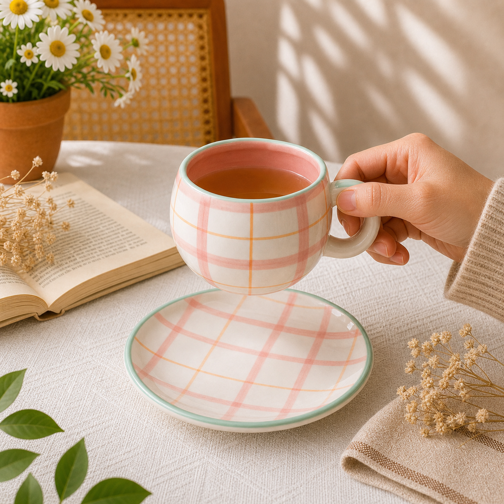 Plaid Ceramic Cup & Saucer