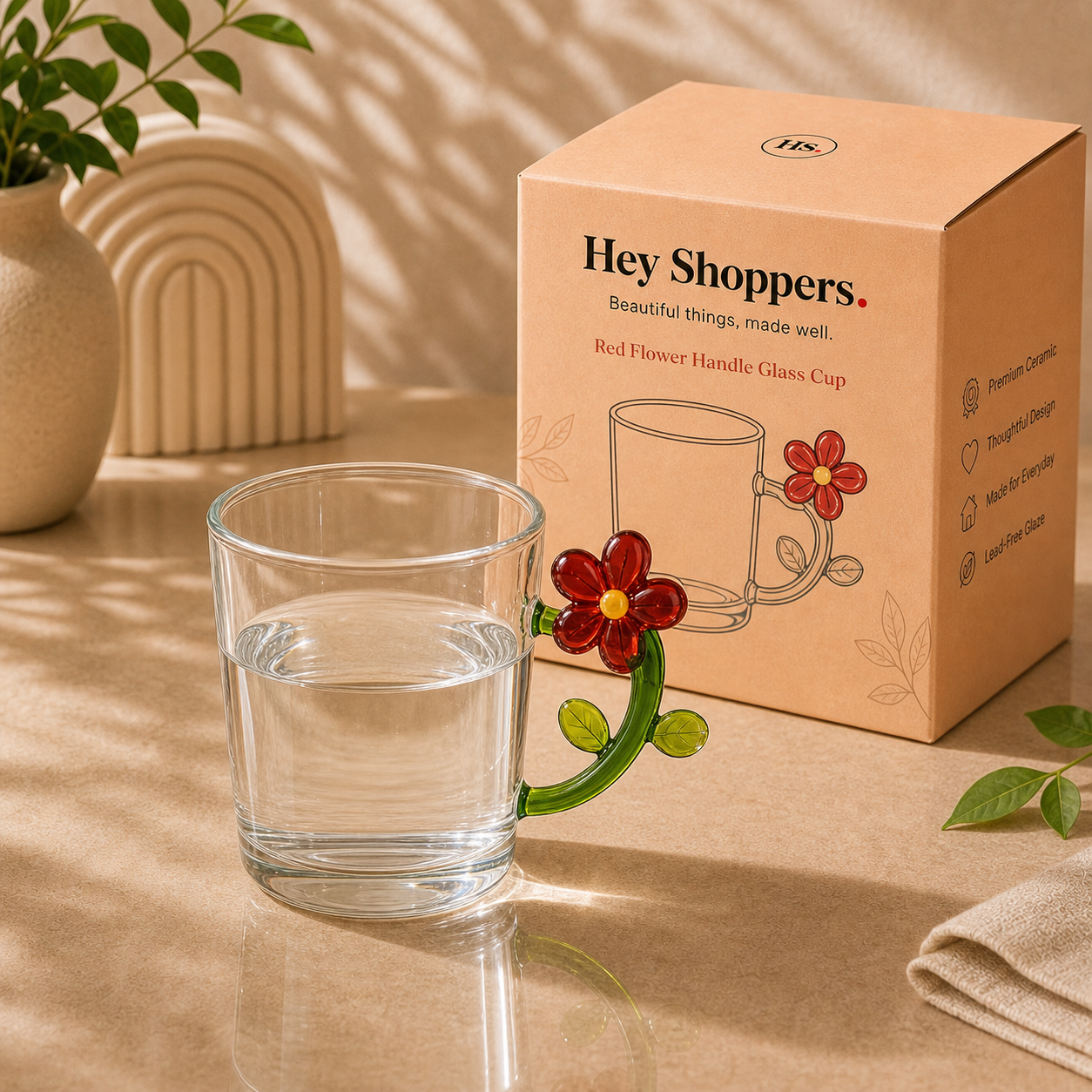 Red Flower Handle Glass Cup