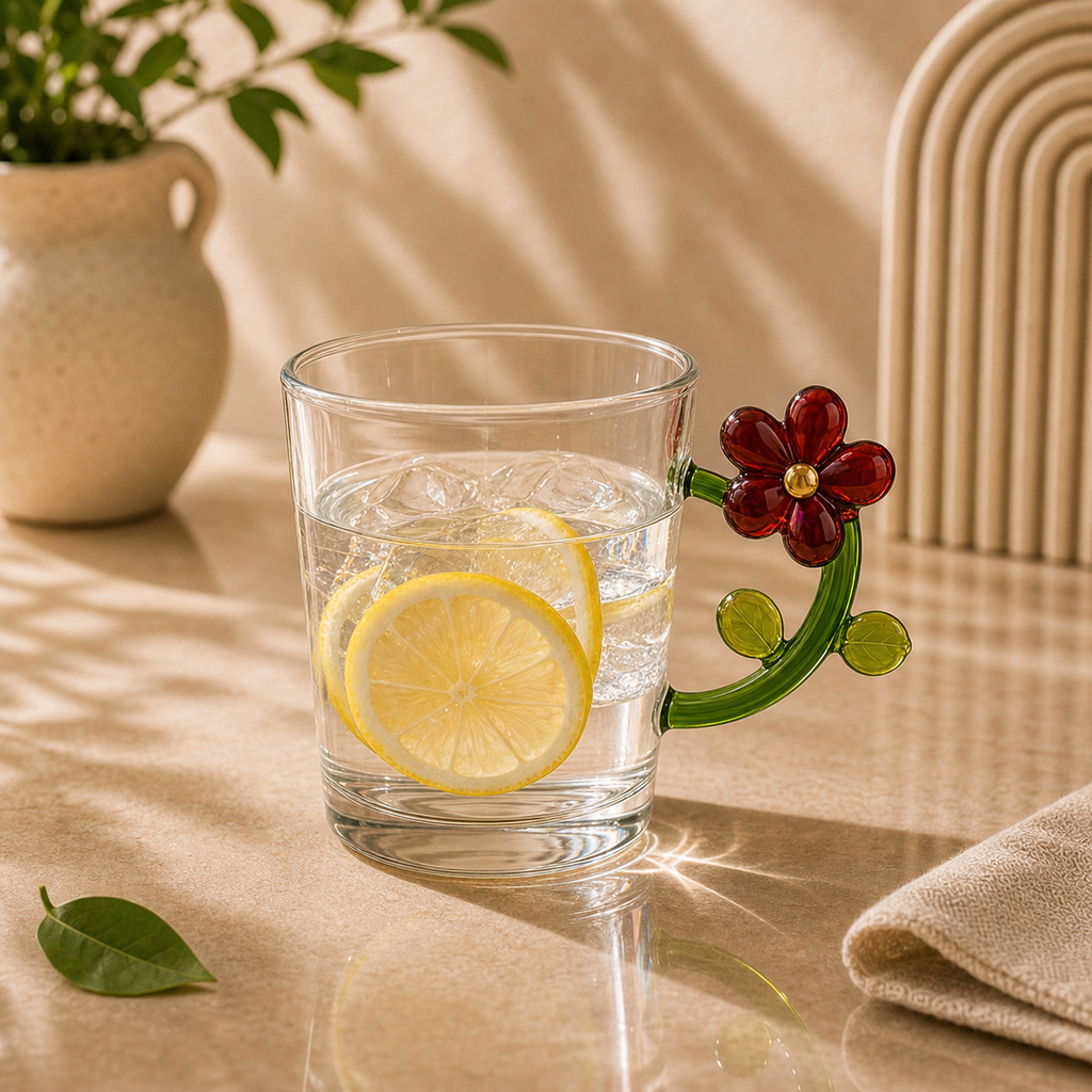 Red Flower Handle Glass Cup