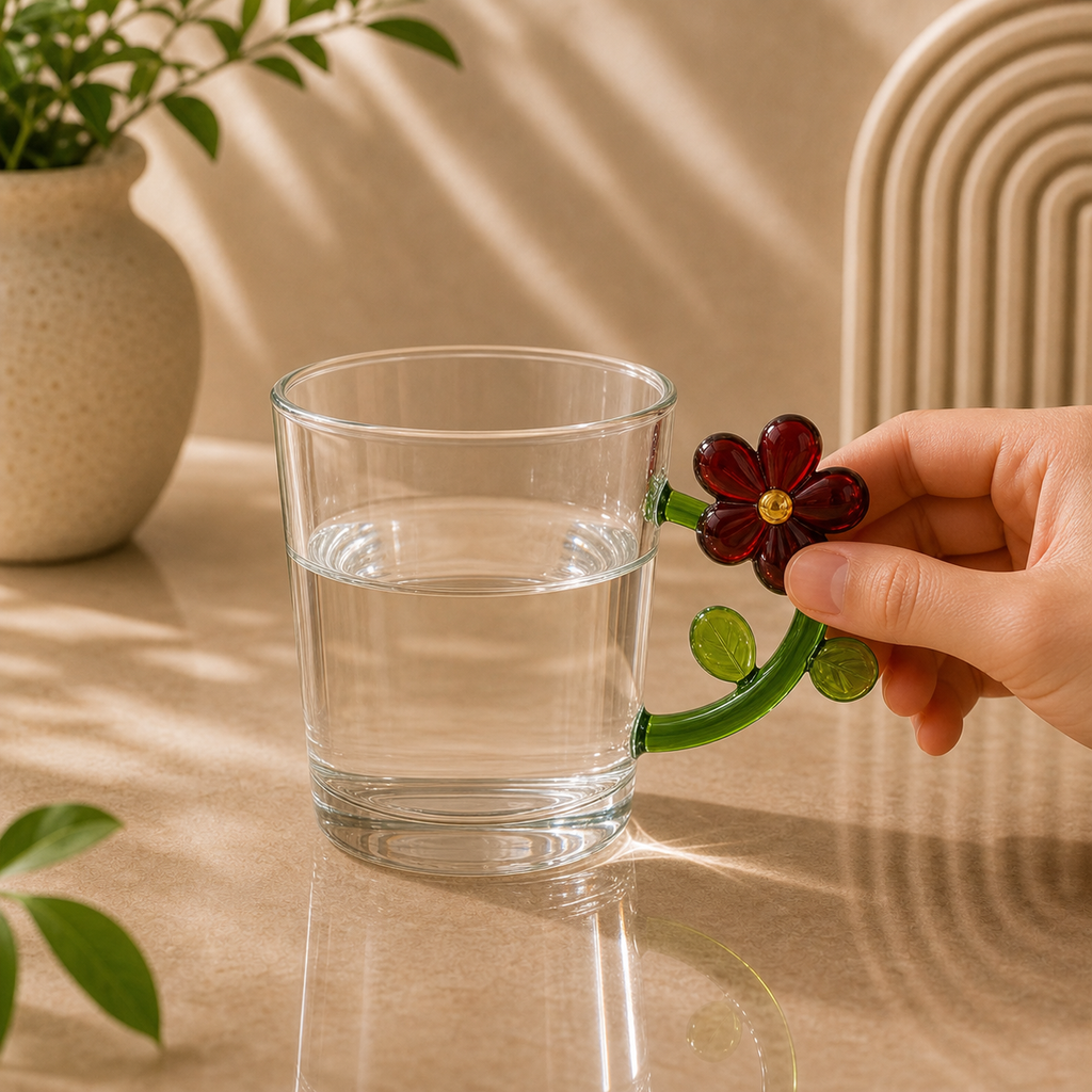 Red Flower Handle Glass Cup