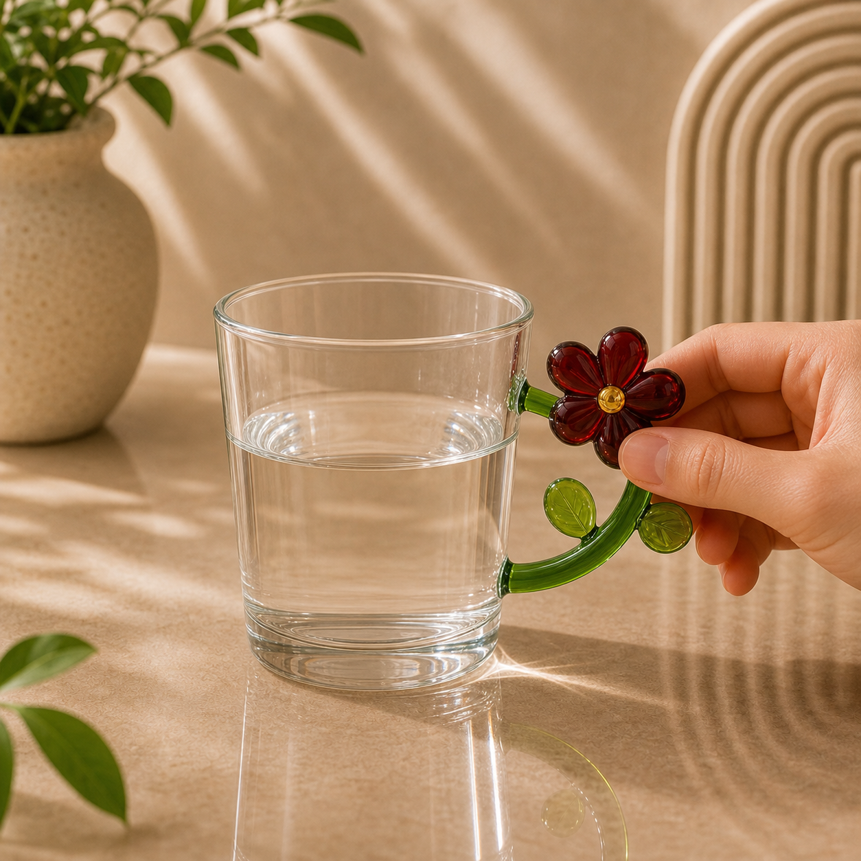 Red Flower Handle Glass Cup
